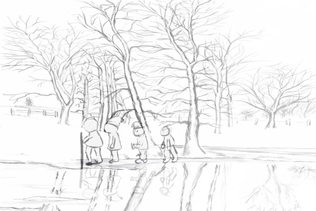 illustration of a family of four walking across a frozen pond.